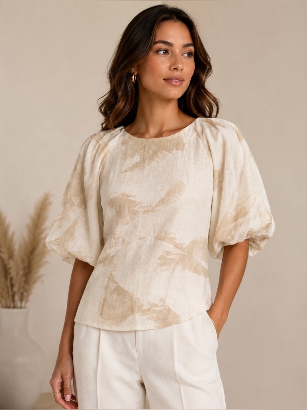 DKNY Cream & Tan Abstract Brushstroke Linen-Blend Puff-Sleeve Top NWOTs